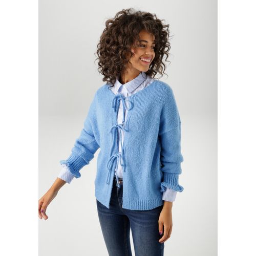 Strickjacke ANISTON CASUAL, Damen, Gr. 46, blau, Grobstrick, Obermaterial: 100% Polyacryl, unifarben, oversize hüftlang, Rundhals, gewellter Abschluss, Strickjacken, mit trendigen Bindebändern zu schließen - NEUE KOLLEKTION