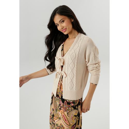 Strickjacke ANISTON SELECTED, Damen, Gr. 34, beige, Rippstrick, Obermaterial: 100% Polyacryl, Rautenmuster, Zopfmuster, unifarben, lässig geschnitten hüftlang, V-Ausschnitt, Bündchen, Strickjacken, mit Zopf- und Rautenmuster - NEUE KOLLEKTION