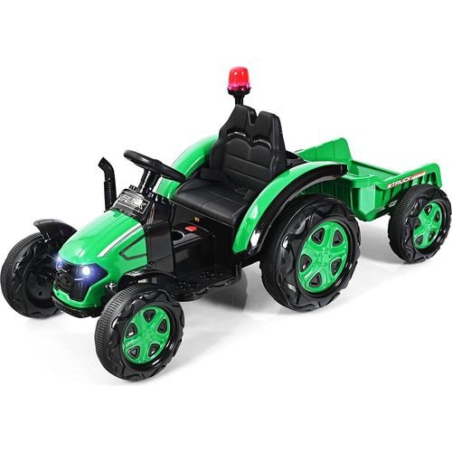 COSTWAY 12V Traktor mit 2,4G Fernbedienung und abnehmbarem Anhänger, 2-in-1 Kinder Aufsitztraktor mit Scheinwerfer, Hupe, MP3-Player & USB-Anschluss, Elektrotraktor für Kinder 3-8 Jahren (Grün)