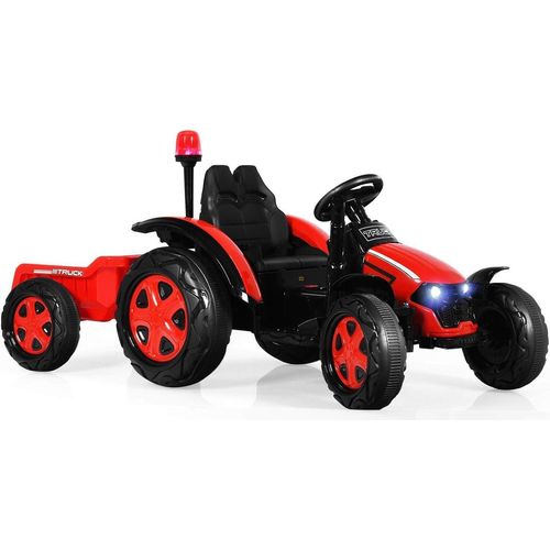 Kinder Elektro Traktor mit abnehmbarem Anhänger & Fernbedienung, Trettraktor mit LED Lichtern, Musik, Hupe & USB, für Kinder ab 3 Jahre (Rot)