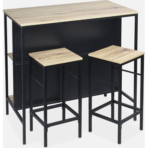 sweeek - Stehtisch mit Holzdekor und Metall mit 2 Regalen + 2 Hocker - Natur