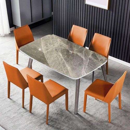Keramik Esstisch 130 cm mit 6 orangen Stühlen - Moderner Marmor-Look Tischset, kratzfeste Keramikplatte, stilvolles Esszimmer-Set /YZLCSYZ/