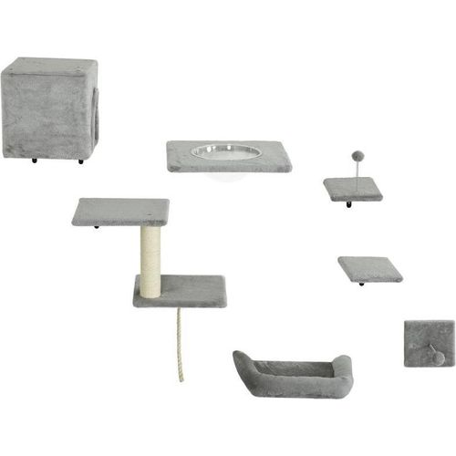 Kletterwand Katzen 7-teilig Katzen Kletterwand Set mit Katzenhaus, Plattform, Kratzbaum mit Hängeball, Katzenmöbel für Katzen bis zu 5 kg, Grau, Grau, 30,50 cm