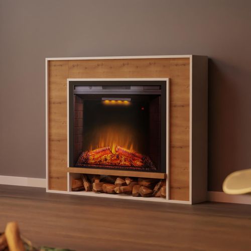 Garlvio Elektrokamin 'VENEZIA Weiss/ Eiche ' | LED Standkamin in weiss mit Heizung (1500 W) | HxBxT: 108x136x28cm