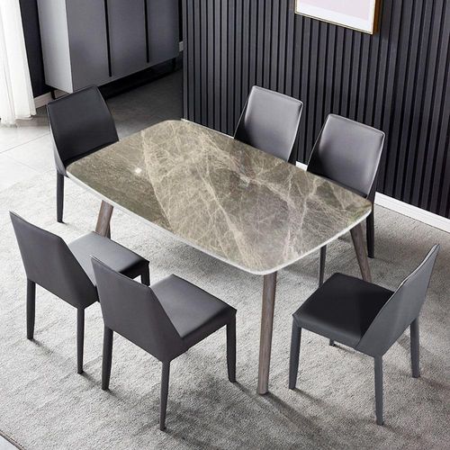 Keramik Esstisch 130 cm mit 6 schwarzer Stühlen - Moderner Marmor-Look Tischset, kratzfeste Keramikplatte, stilvolles Esszimmer-Set /CZYHY6/