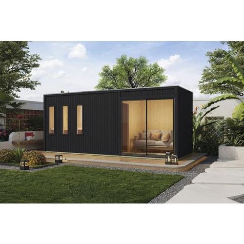 Saunahaus Außensauna Karibu Lonterey inkl.9 kW Ofen und externer Steuerung mit Ganzglastüre aus Klarglas schwarz