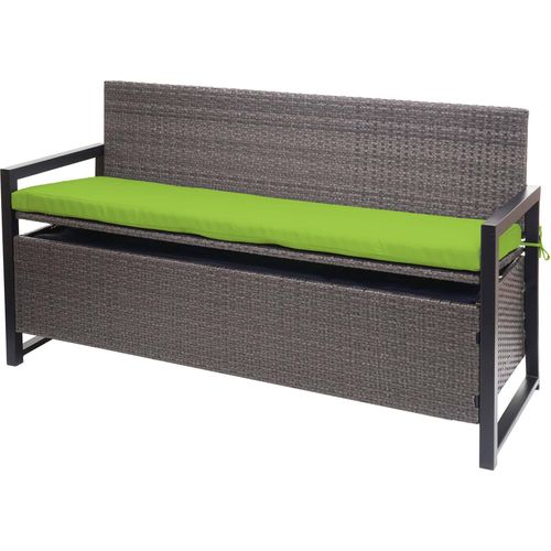 Poly-Rattan 3er Sitzbank HWC-F39, Gartenbank Truhenbank, Staufach Aufbewahrung Sitzkissen grau-meliert, Kissen grün