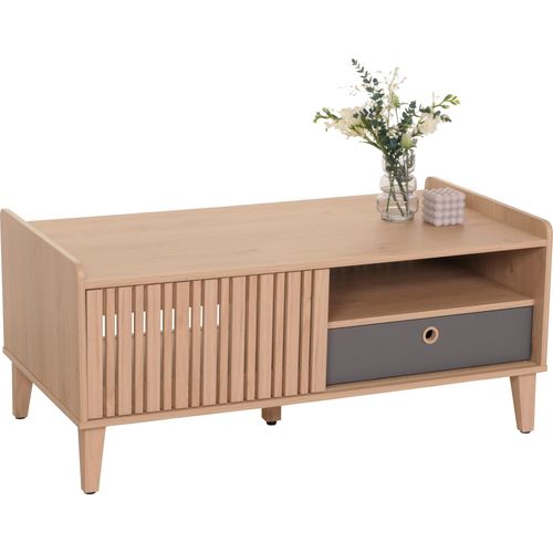Couchtisch HWC-M48, Wohnzimmertisch Tisch Sofatisch, 52x114x59cm beige, Schublade grau