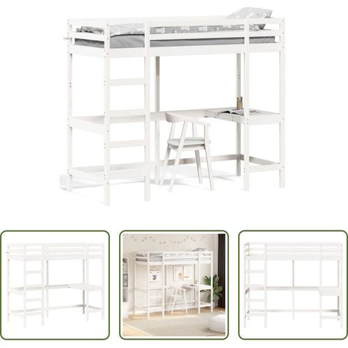 The Living Store Hochbett mit Schreibtisch Weiß 75x190 cm Massivholz Kiefer