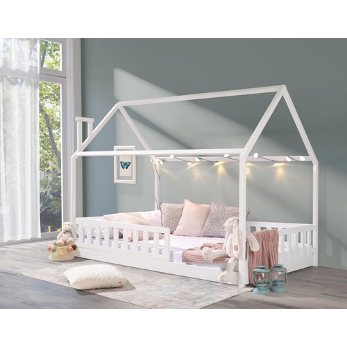Hausbett »Kinderbett ROSI PLUS 120x200 Weiß Kiefer« (Einzelbett mit Lattenrost und abnehmbarem Rausfallschutz)