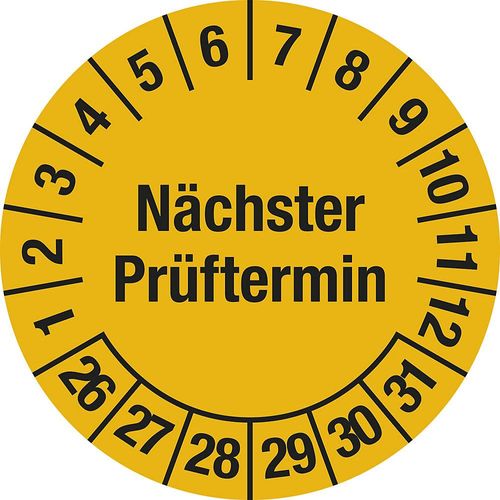 Nächster Prüftermin, Mehrjahreszahlen, Dokumentenfolie, Ø 30 mm, VE 10 Stk, 26 - 31, gelb kaiserkraft