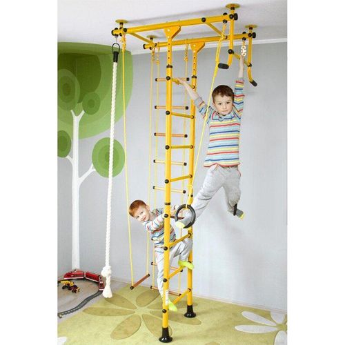 NiroSport Sprossenwand Set Für Kinder/Erwachsene, inkl. Klimmzugstange/Ringe/Trapez/Klettertau/Strickleiter 240 - 290 cm Gelb Holzsprossen