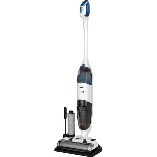 TESLA AquaStar AQ500 Nass- und Trockensauger 3-in-1 | kabelloser Bodenreiniger Waschsauger | Komplettreinigung in einem Durchgang für Harte Böden | Ideal für klebrige Verschmutzungen und Tierhaare | mit Dual-Tank-Design | Weiß/Blaue