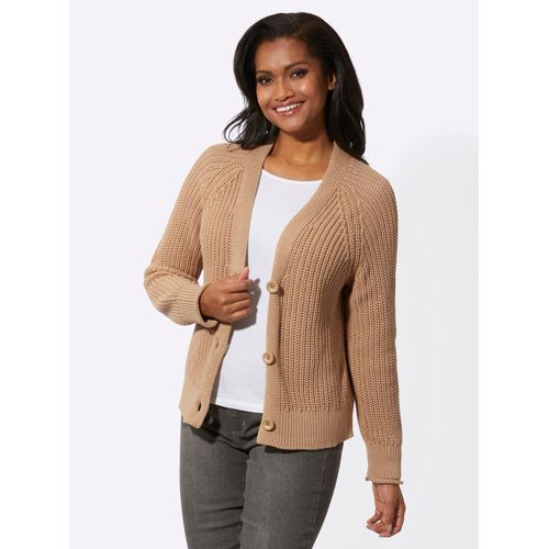 Strickjacke INSPIRATIONEN, Damen, Gr. 42, braun (camel), 100% Baumwolle, unifarben, Strickjacken