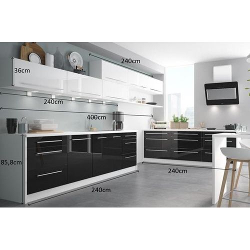 Küchenzeile Küchenblock 480cm weiß / weiß & schwarz Hochglanz Neu
