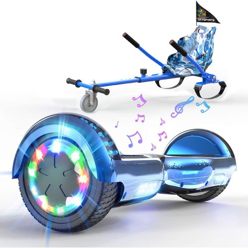 Hoverboard mit Sitz, Elektroroller Hoverkart, Elektro Scooter Go-Kart mit Bluetooth-Lautsprecher LED-Leuchten, Geschenk für Kinder Jugendliche Erwachsen