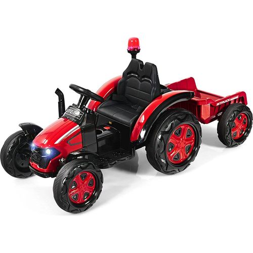 COSTWAY 12V Traktor mit 2,4G Fernbedienung und abnehmbarem Anhänger, 2-in-1 Kinder Aufsitztraktor mit Scheinwerfer, Hupe, MP3-Player & USB-Anschluss, Elektrotraktor für Kinder 3-8 Jahren (Rot)