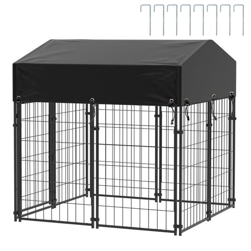 WISFOR Outdoor Hundezwinger mit Überdachung, 127x120x134cm, Hundehütte mit Sonnenschutz, Hundekäfig Tierkäfig Hundehaus aus Metall