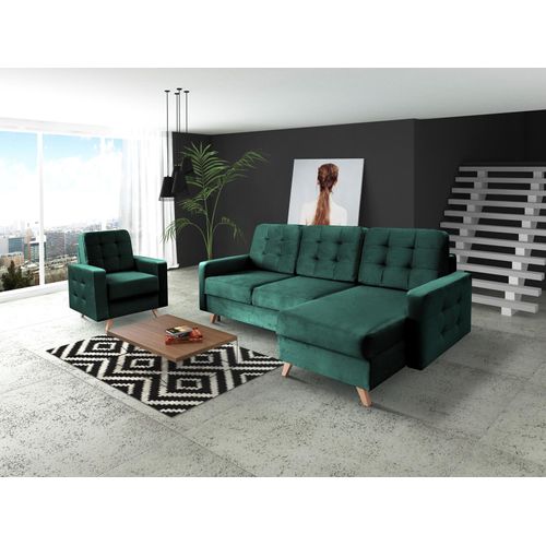 Skandinavisches Ecksofa VINCI mit Schlaffunktion, Velour Polsterecke universelle Schlafsofa (Flasches Grün)
