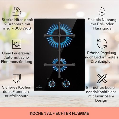 Klarstein Gaskocher 2-Flammig, 4000W Einbau-Gaskocher für Innenbereich, Edelstahl-Gaskocher für Wohnmobil, 2-Flammiger Gaskocher, Zwei Brenner Gasherde, Moderner Einbau Gasherd, Gas Herd