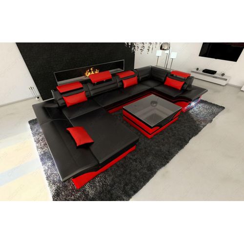 Leder Wohnlandschaft Enzo mit LED und USB Kunst-Echtleder Mix