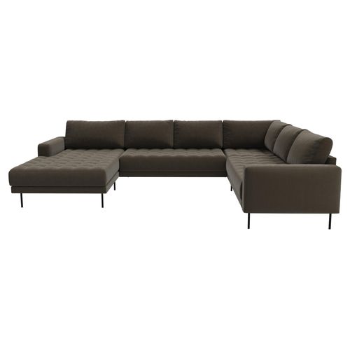 Rouge Ecksofa mit Chaiselongue und schwarzen Beinen.