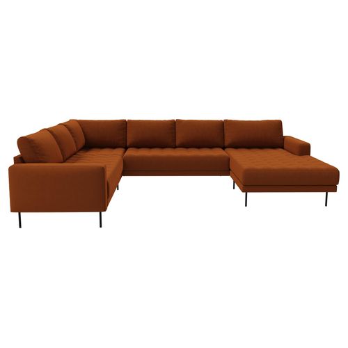 Rouge Ecksofa mit Chaiselongue und schwarzen Beinen.