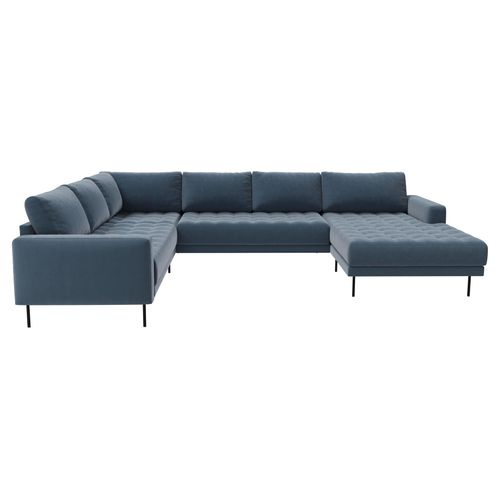 Rouge Ecksofa mit Chaiselongue und schwarzen Beinen.