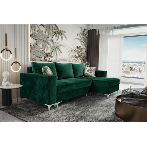 Ecksofa mit Ziersteppung an den Armlehnen, Schlaffunktion, Chromfüße, Zierkissen, Bettzeugbehälter, klassisches Interieur, modernes Design - Miso (Kronos 19 + Tropic 01)
