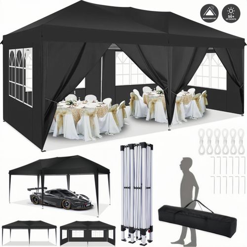 Pavillons & Partyzelte 3x6m, Festzelt Faltpavillon Gartenzelt für Garten Terrasse Feier Party, Wasserdicht & UV-Schutz mit 4 Seitenteilen und 2 Eingängen, 12 Heringe & 4 Seile & 1 Tragetasche, Grau