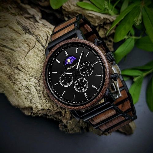 Holwerk BASSUM Herren Edelstahl & Holz Chronograph Mondphase Uhr, schwarz, braun