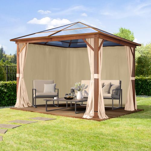 Gartenpavillon 3x3 m Holzoptik, ca 8 mm Polycarbonat-Dach, 4 Seitenteile in champagner