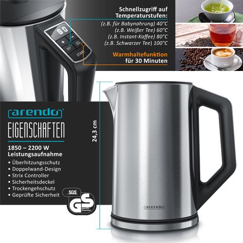 Arendo Frühstücksset 3-teilig, 1,5l Wasserkocher, 4-Scheiben Langschlitz Toaster, 7er Eierkocher, Silber