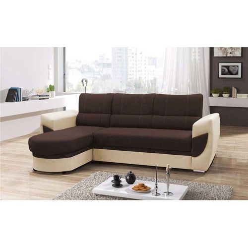 Schlafsofa, Ecksofa mit Bettkasten, einzigartige Ottomanenform, L-förmiges Ecksofa, moderne konturierte Armlehnen, elegante Steppung, Ottomane links oder rechts, Lounge-Ecke, Wohnzimmer, Schlafzimmer, Gästezimmer, Wohnzimmer, Couchgarnitur - Ecksofa TIMO Braun + Beige Bahama 08 + Soft 33 (Links)