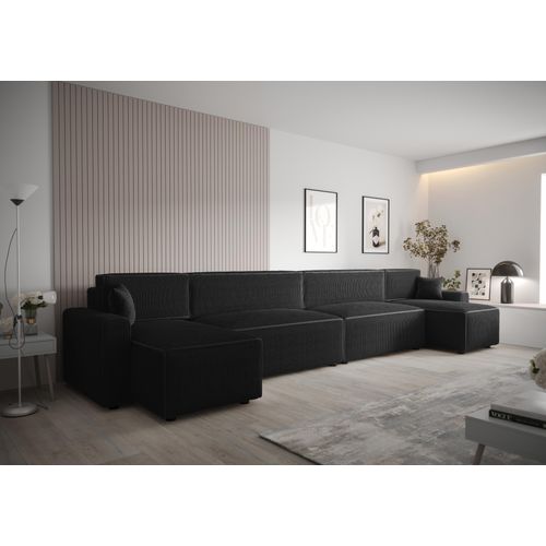 Ecksofa Alvito 2xU BIS, Farbe: Schwarz. Material: Kord. A: B: 424 cm,H: 85 cm,Tiefe: 105 cm, Eckcouch, Schlafcouch, Sofa bed, Schlafsofa