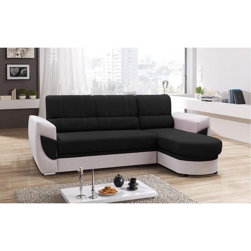 Schlafsofa, Ecksofa mit Bettkasten, einzigartige Ottomanenform, L-förmiges Ecksofa, moderne konturierte Armlehnen, elegante Steppung, Ottomane links oder rechts, Lounge-Ecke, Wohnzimmer, Schlafzimmer, Gästezimmer, Wohnzimmer, Couchgarnitur - Ecksofa TIMO Schwarz + Weiß (Rechts)