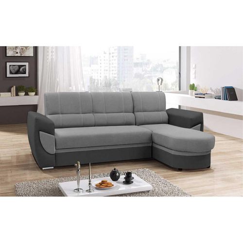 Schlafsofa, Ecksofa mit Bettkasten, einzigartige Ottomanenform, L-förmiges Ecksofa, moderne konturierte Armlehnen, elegante Steppung, Ottomane links oder rechts, Lounge-Ecke, Wohnzimmer, Schlafzimmer, Gästezimmer, Wohnzimmer, Couchgarnitur - Ecksofa TIMO Hellgrau + Dunkelgrau (Rechts)