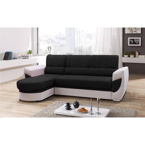 Schlafsofa, Ecksofa mit Bettkasten, einzigartige Ottomanenform, L-förmiges Ecksofa, moderne konturierte Armlehnen, elegante Steppung, Ottomane links oder rechts, Lounge-Ecke, Wohnzimmer, Schlafzimmer, Gästezimmer, Wohnzimmer, Couchgarnitur - Ecksofa TIMO Schwarz + Weiß (Links)