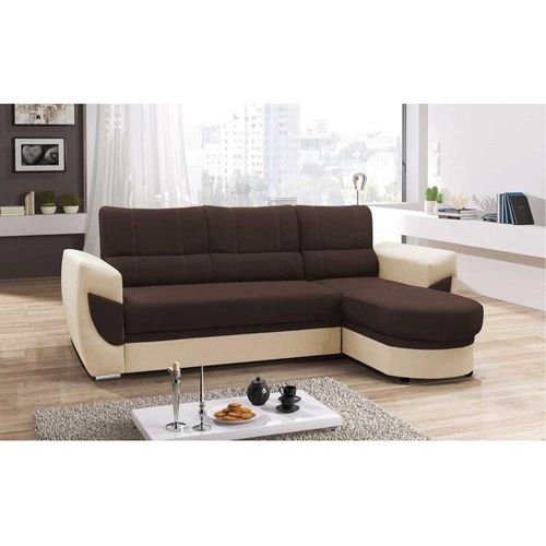 Schlafsofa, Ecksofa mit Bettkasten, einzigartige Ottomanenform, L-förmiges Ecksofa, moderne konturierte Armlehnen, elegante Steppung, Ottomane links oder rechts, Lounge-Ecke, Wohnzimmer, Schlafzimmer, Gästezimmer, Wohnzimmer, Couchgarnitur - Ecksofa TIMO Braun + Beige Bahama 08 + Soft 33 (Rechts)