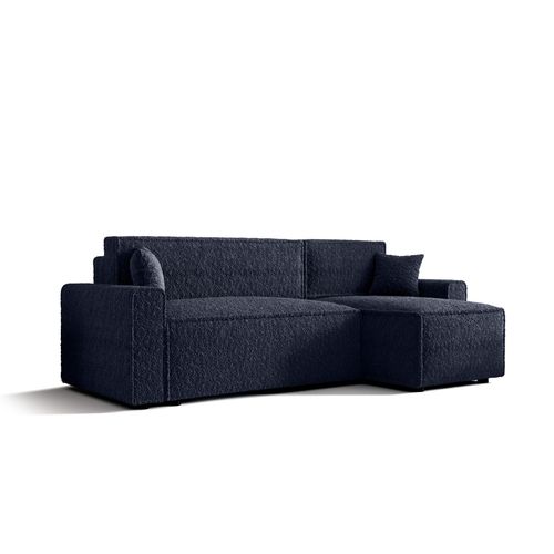 Ecksofa Alvito BIS, Farbe: Dunkelblau. Material: Bouclé. A: B: 252 cm,H: 85 cm,Länge: 140 cm, Eckcouch, Schlafcouch, Sofa bed, Schlafsofa