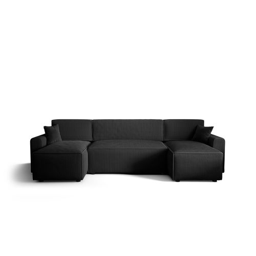 Ecksofa Alvito U BIS, Farbe: Schwarz. Material: Kord. A: B: 330 cm,H: 85 cm,Otomana Länge: 140 cm, Eckcouch, Schlafcouch, Sofa bed, Schlafsofa