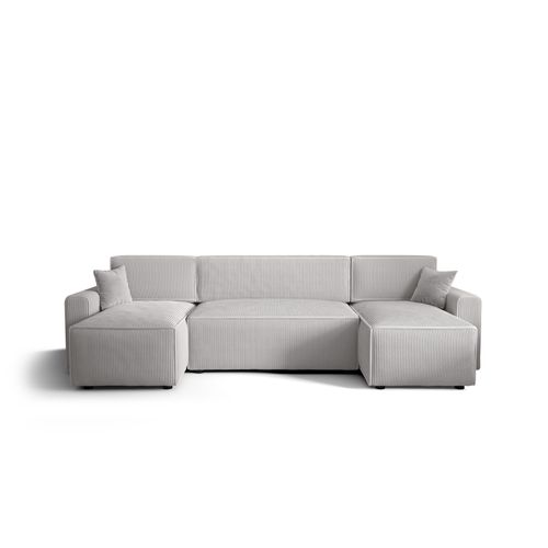 Ecksofa Alvito U BIS, Farbe: Weiß. Material: Kord. A: B: 330 cm,H: 85 cm,Otomana Länge: 140 cm, Eckcouch, Schlafcouch, Sofa bed, Schlafsofa