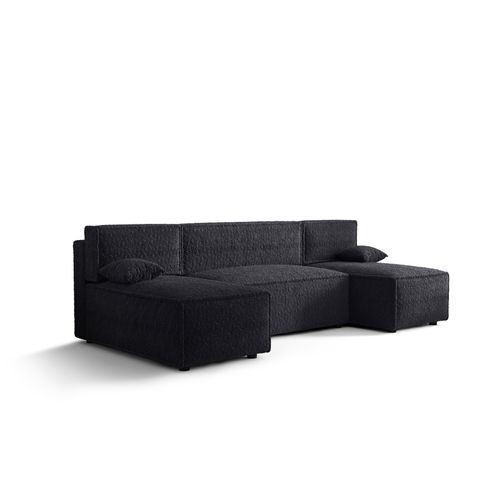 Ecksofa Alvito U, Farbe: Schwarz. Material: Bouclé. A: B: 290 cm,H: 85 cm,Tiefe: 105 cm, Eckcouch, Schlafcouch, Sofa bed, Schlafsofa