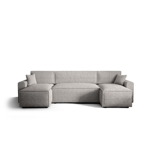 Ecksofa Alvito U BIS, Farbe: Elfenbein. Material: Bouclé. A: B: 330 cm,H: 85 cm,Otomana Länge: 140 cm, Eckcouch, Schlafcouch, Sofa bed, Schlafsofa