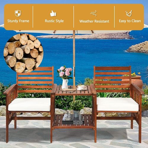 Gartenmöbel-Set mit Tisch mit Loch für Sonnenschirm & 2 Stühlen mit Kissen, Sitzgruppe Holz, 2-Sitzer Bank mit integriertem Tisch, Gartenmöbel Sitzgarnitur