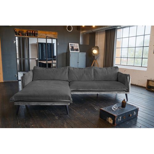 KAWOLA Sofa QUENYA Ecksofa Cord dunkelgrau / Velvet silber Recamiere links