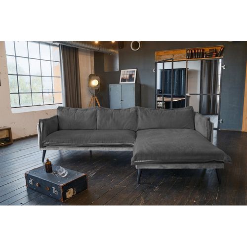 KAWOLA Sofa QUENYA Ecksofa Cord dunkelgrau / Velvet silber Recamiere rechts