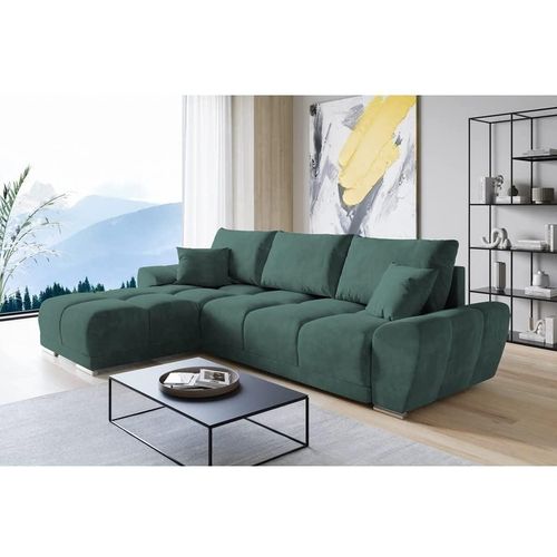 Set Velvet Ecksofa in L-Form 289 x 189 cm + Polsterhocker, Sofa mit Schlaffunktion, Fußhocker, Schlafsofa mit Bettkasten, Sitzpouf Farbe: Grün