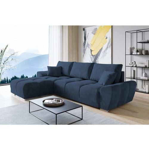 Set Velvet Ecksofa in L-Form 289 x 189 cm + Polsterhocker, Sofa mit Schlaffunktion, Fußhocker, Schlafsofa mit Bettkasten, Sitzpouf Farbe: Marineblau