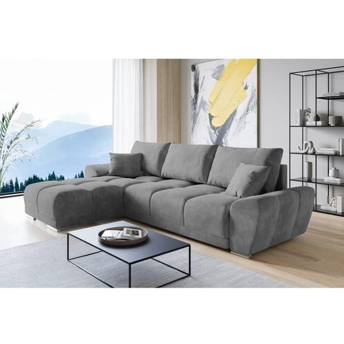 Set Velvet Ecksofa in L-Form 289 x 189 cm + Polsterhocker, Sofa mit Schlaffunktion, Fußhocker, Schlafsofa mit Bettkasten, Sitzpouf Farbe: Grau